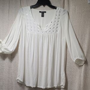 Style & Co White Smocked 3/4 Sleeve Blouse